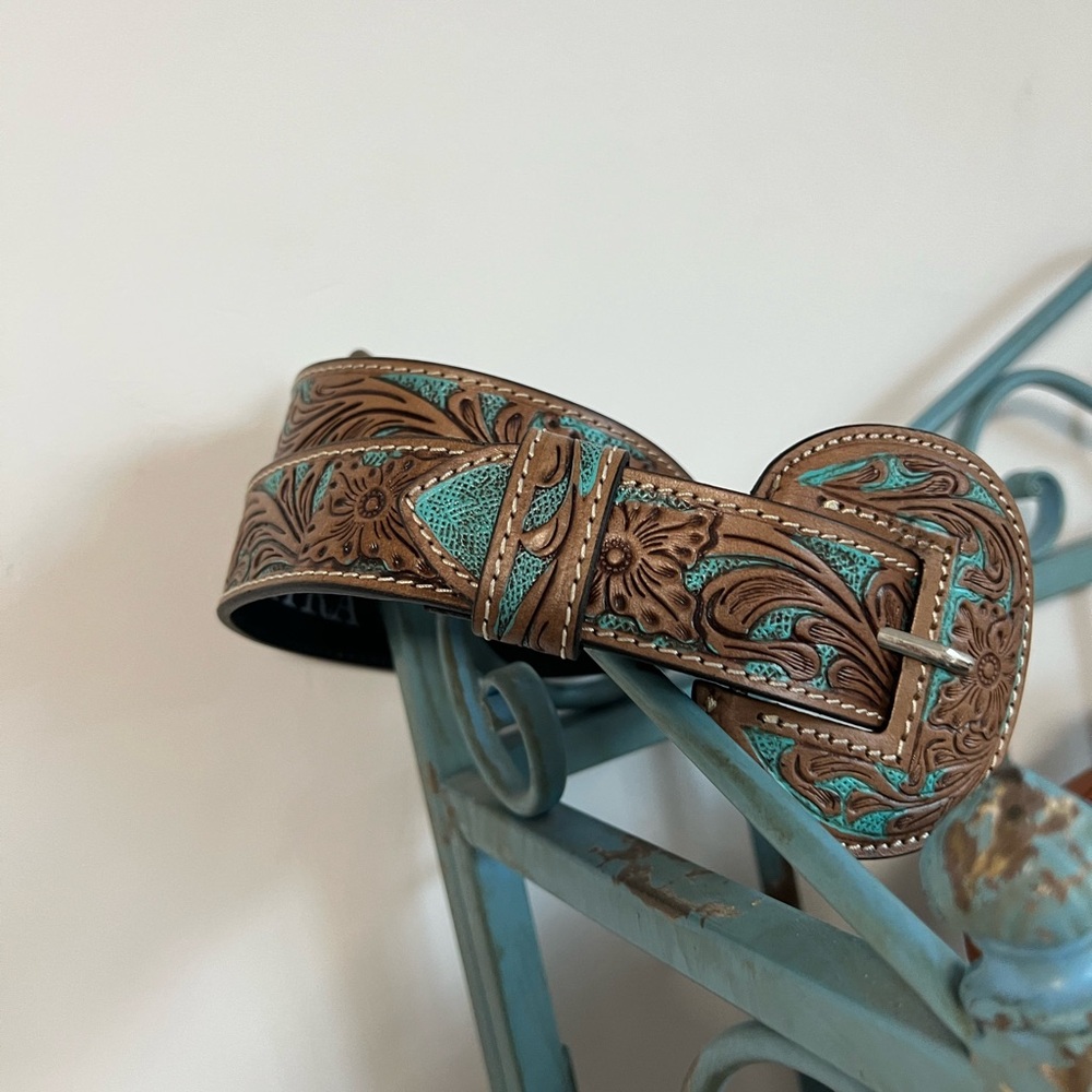 Hand-tooled Leather Black silver buckle Turquoise Belt Myra Bag Western boho M - Picture 3 of 8
